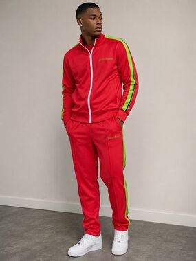 Palm Angels Red Track Jacket with Lime Side Stripes